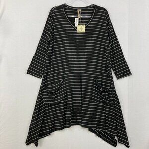 New Comfy USA size XL Black White Striped Lagenlook Stretch Knit Relaxed Dress